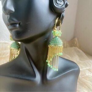 Pakistani Indian Festive jhumka Earrings Tassel Gold with Green beads